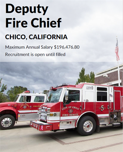 Recruitment flyer for Deputy Chief - Fire department. Fire trucks in front of fire station in background.